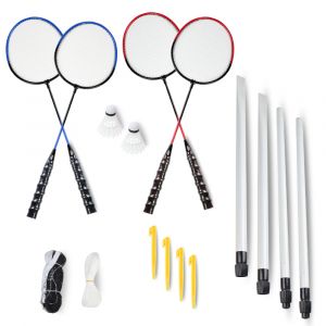 Kit de badminton com 04 raquetes de aço, 03 volantes, postes de aço e rede Pista e Campo PREVIEW